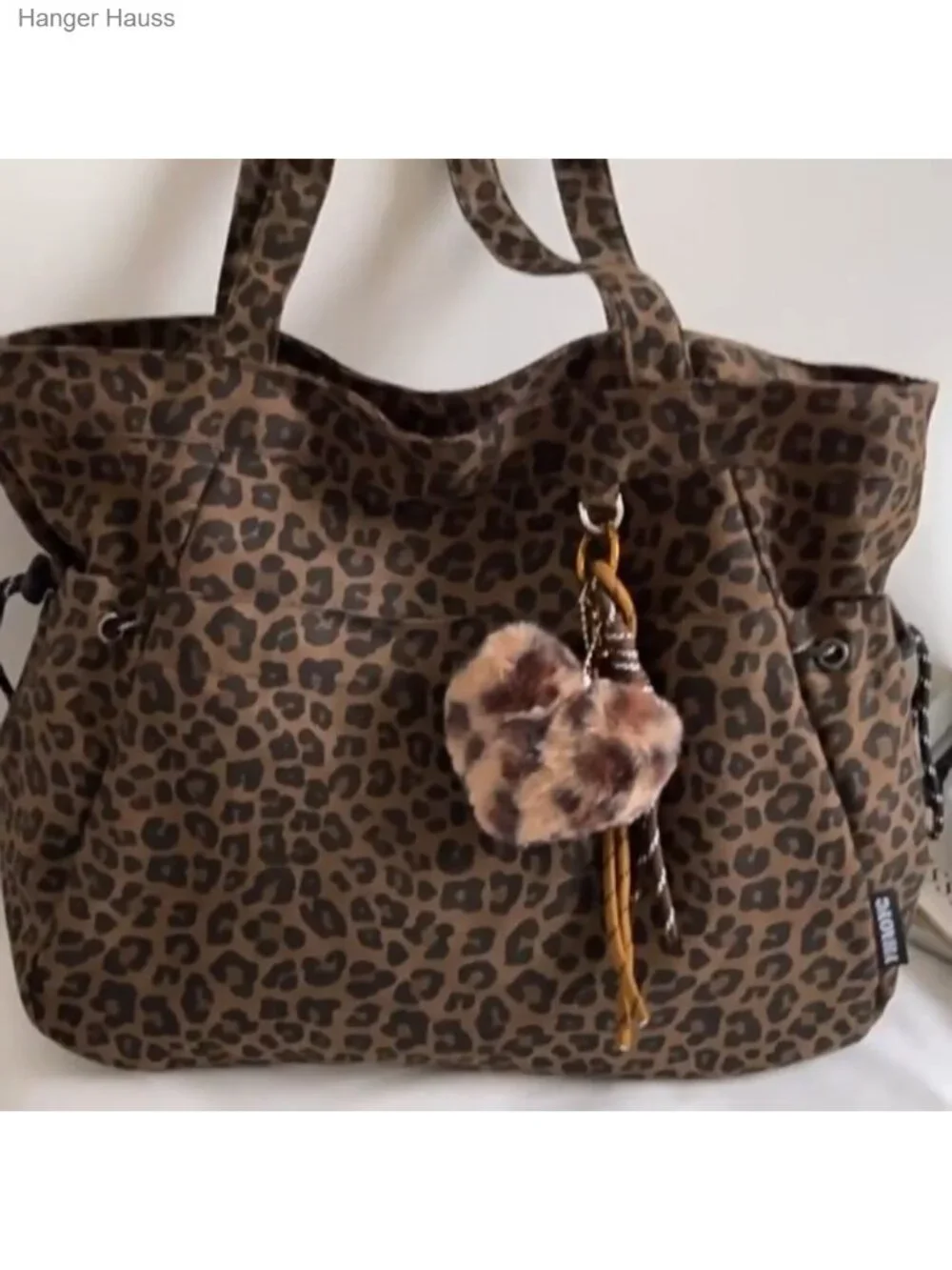 Leopard Print Tote Bag with Pockets, Nylon Work Purse, Y2K Shoulder Bag